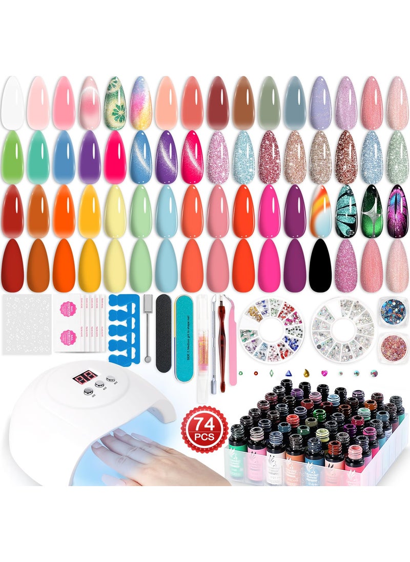 Lavender Violets Gel Nail Polish Kit with U V Light Nude Pinky Rouge Spring Colors 9D Cat Eye Candy Mixed Holographic Glittery Decor Primer,Base,Glossy,Matte Top Coat,Nail tech Suppliers Magnetic 01