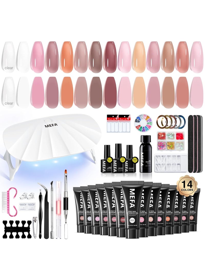 MEFA 42 Pcs Poly Extension Gel Nail Kit, 14 Colors All Seasons Poly Nail Gel kit with Mini Nail Lamp Nude Jelly Milky White Clear Color Slip Basic Nail kits Manicure Tools Design Beginner Kit