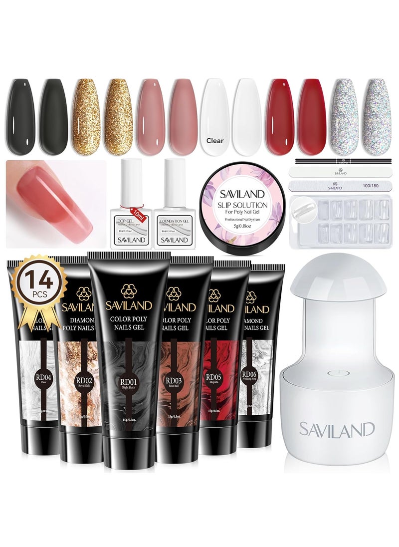 SAVILAND Poly Gel Nail Kit Starter Kit: with 6 Colors Nail Extension Gel Kit with U V Light Glitter Poly Gel Nail Colors Rose Red Poly Nail Gel for Beginner with Everything DIY Gift