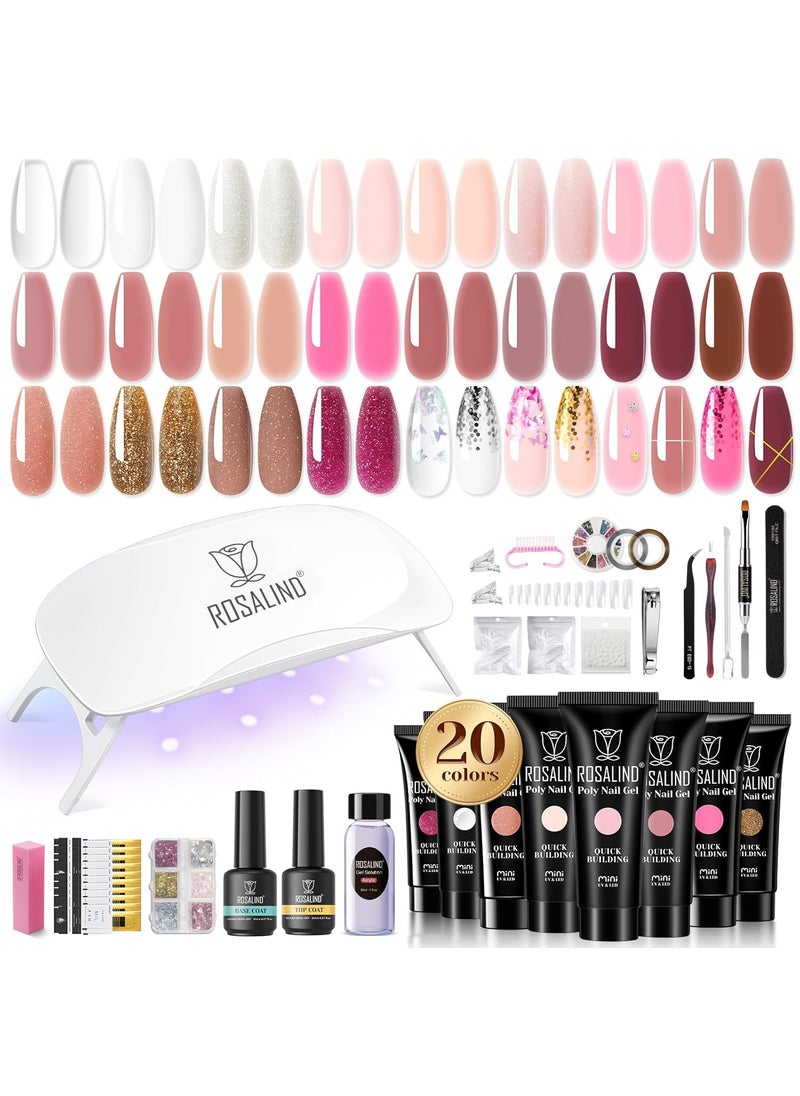 ROSALIND Poly Nail Gel Kit with U V Light, 20 Colors Clear Natural Pink Poly Nail Gel Starter Kit Glitter Pink Poly Nail Gel Kit with Tools for French Nail Art DIY
