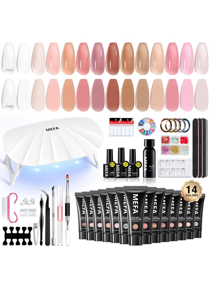 MEFA 42 Pcs Poly Gel Nail Kit with U V Light, 14 Colors All Seasons Polygel Nail Gel kit with Mini Nail Lamp Nude Jelly Milky White Clear Color Slip Basic Nail kits Manicure Tools Design Beginner Kit