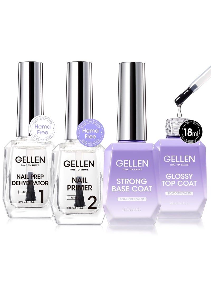 Gellen Nail Dehydrator and Primer with Base Coat Top Coat, Acid-Free Hema-free Nail Prep Dehydrator Primer 18ml UV Superior Glossy Top Coat for Acrylic Gel Nail Polish Nail Art Supplies Gift for Women