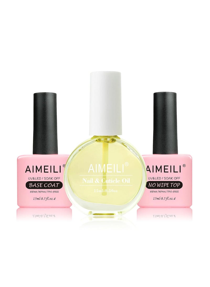 AIMEILI Hema Free No Wipe Top Coat Base Coat & Cuticle Oil Set, Glossy Shine Gel Top Coat Long Lasting DIY Home Gel Nail Lamp Required, Cuticle Oil Care for Nails