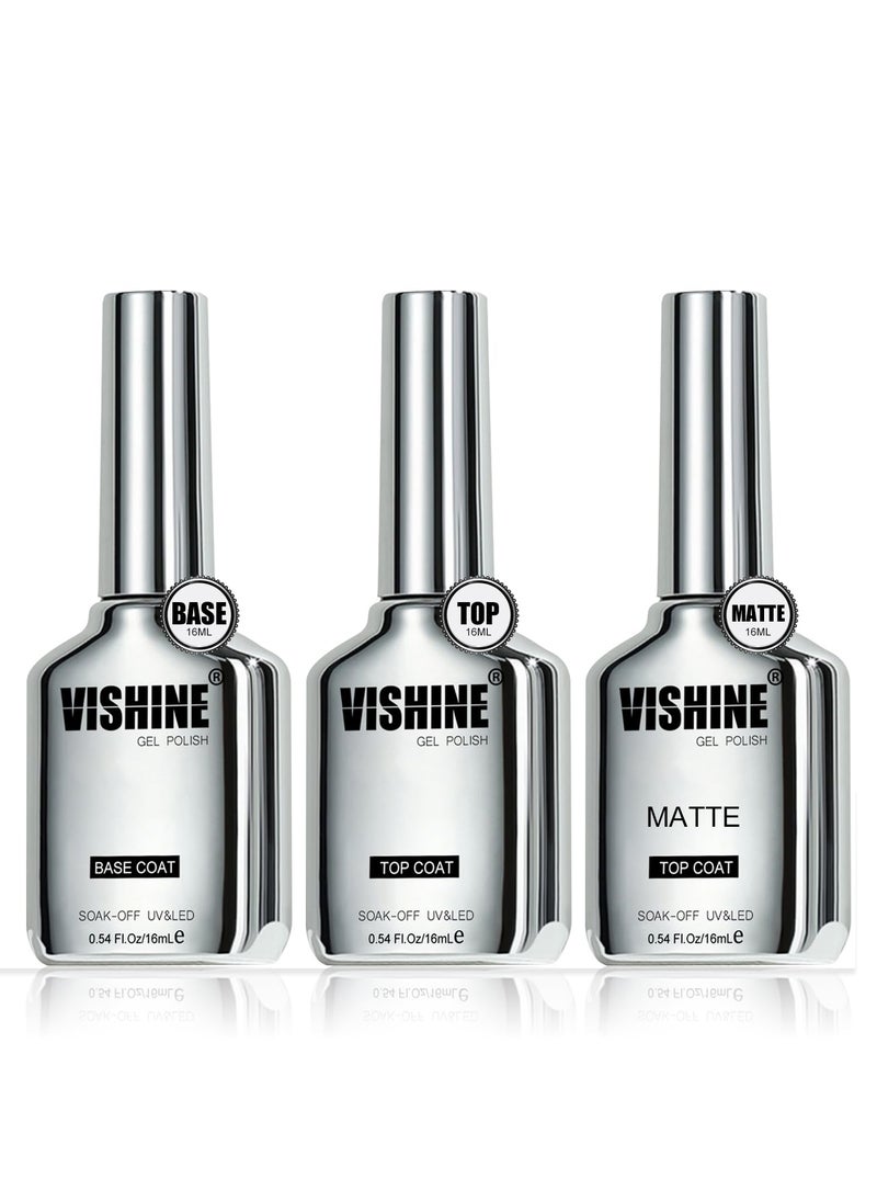 Vishine 3Pcs 16ml Gel Top Coat & Base Coat Set, Matte & Shiny Finish, Long Lasting, Compatible with All Brands, Suitable for Natural & Artificial Nails