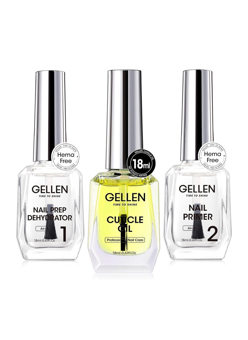 Gellen Nail Dehydrator and Primer and Cuticle Oil 18ML Hema-Free Acid-Free Nail Prep Dehydrator Primer Base Varnish Manicure Bonder Liquid for Gel Nail Polish Acrylic Salon Nail Essential Gift