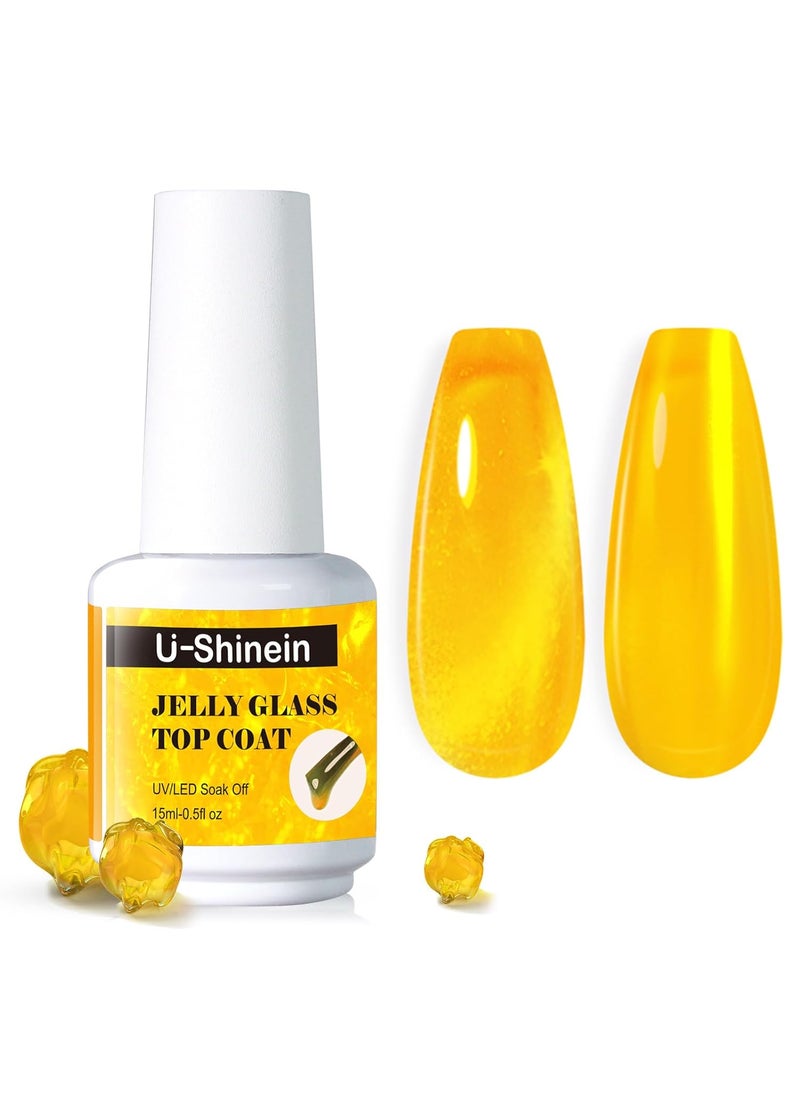Jelly Gel Nail Polish, Top Coat Gel Nail Polish for Jelly Glass Finish, Sheer Golden Crystal Translucent Gel Nail Polish Jelly Glass Top Coat Gel Soak Off UV/LED for Nail Art Manicure Salon
