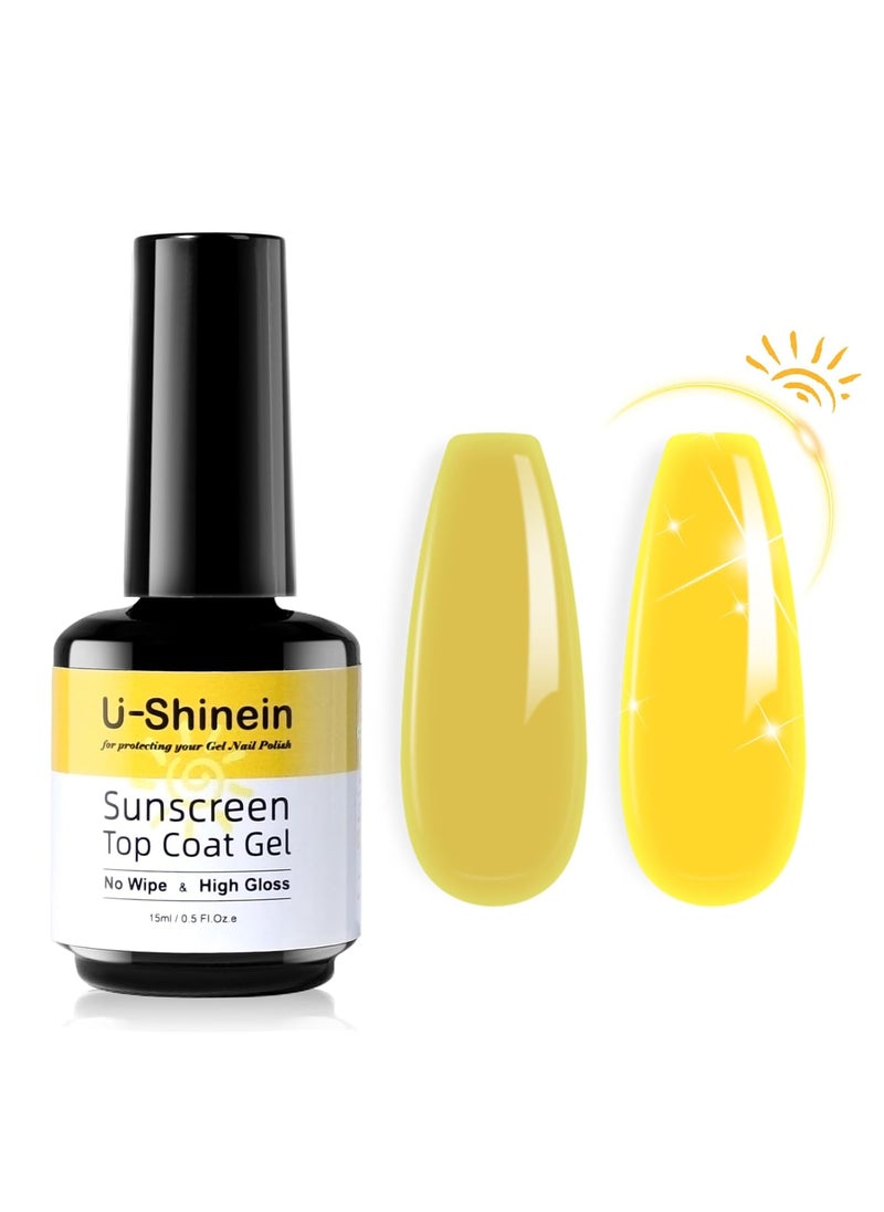 Shine UV Top Coat, 2 IN 1 No Wipe and Sunscreen Top Coat Gel, Sun Protection Topcoat Glassy Clear Gel Top Coat, Shiny Top Coat Keeps Nails From Yellowing or Staining Need UV Lamp