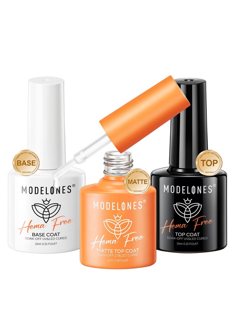 Modelones Hema-Free Gel Top and Base Coat Set, 3 Pcs Clear Glossy Velvet Matte Gel Base Top Coat No Wipe Matte Gel Top Coat Long Lasting for Gel Polish Soak Off Nail Lamp Nail Art Home Salon Manicure