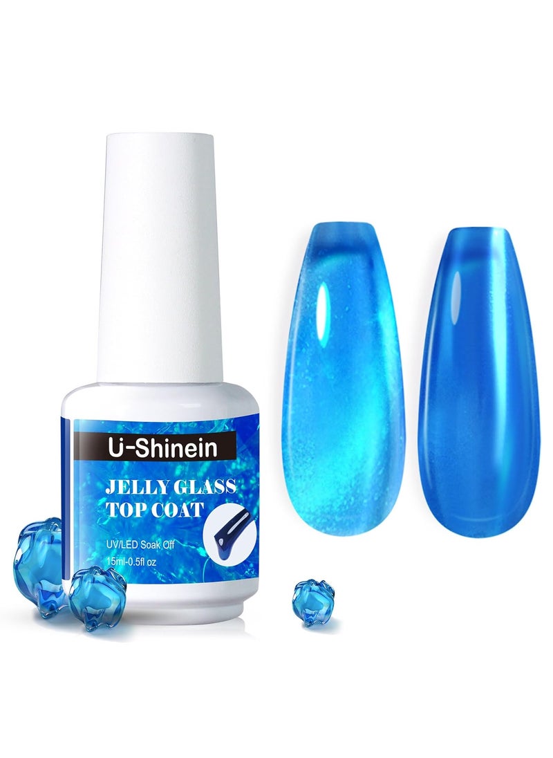 Jelly Gel Nail Polish, Top Coat Gel Nail Polish for Jelly Glass Finish, Sheer Blue Crystal Translucent Gel Nail Polish Jelly Glass Top Coat Gel Soak Off UV/LED for Nail Art Manicure Salon