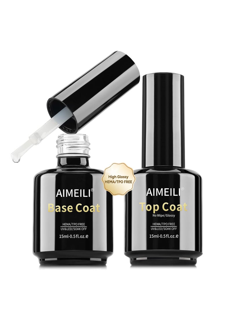 AIMEILI Gel Nail Polish Hema Free No Wipe Top and Base Coat Set 2 x 15ml, Cruelty Free, Vegan, Shine Finish and Long Lasting