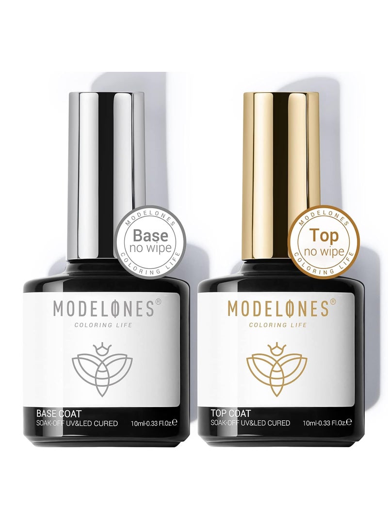 modelones Gel Top Coat and Base Coat, 2 Pcs No Wipe Clear Base and Top Coat Set for Gel Nail Polish Soak Off Long Lasting Upgraded Shiny DIY Manicure Gift for Women 10 ml
