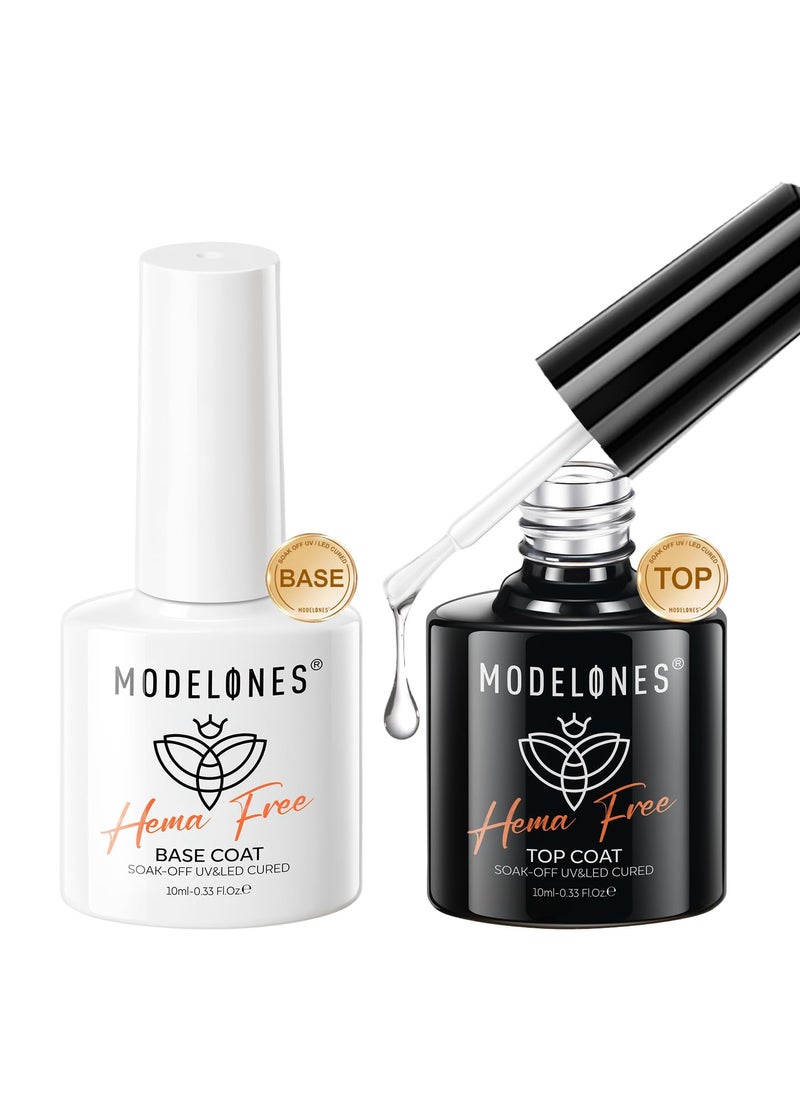 modelones Hema-Free Gel Base and Top Coat Set, 2 Pcs Clear Glossy Gel Top Base Coat No Wipe Long Lasting for Gel Polish, Acrylic Nails Soak Off Nail Lamp Nail Art Home Salon Manicure Gift