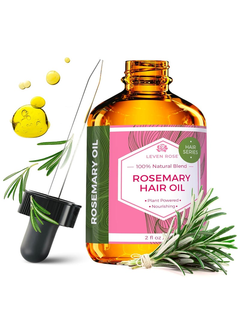 Leven Rose Organic Rosemary Hair Growth Oil with Castor, Rosemary, Peppermint, Jojoba, Argan, Pumpkin Seed, Horse Tail Extract, Evening Primrose for all Hair Types, Natural, 2 oz