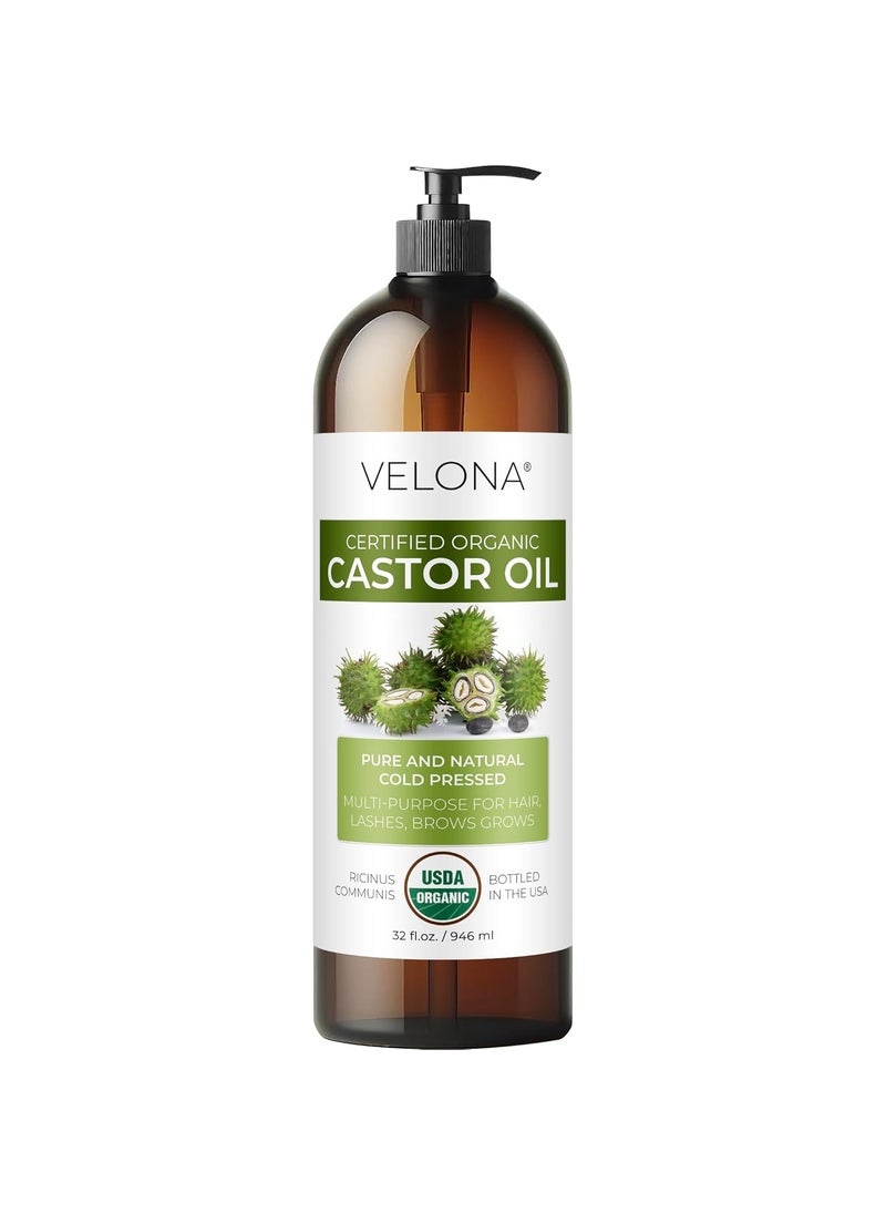 velona USDA Certified Organic Castor Oil - 32 fl oz | For Hair Growth, Boost Eyelashes, Eyebrows | Cold pressed, Natural Oil, USP Grade | Hexane Free, Lash Serum, Caster