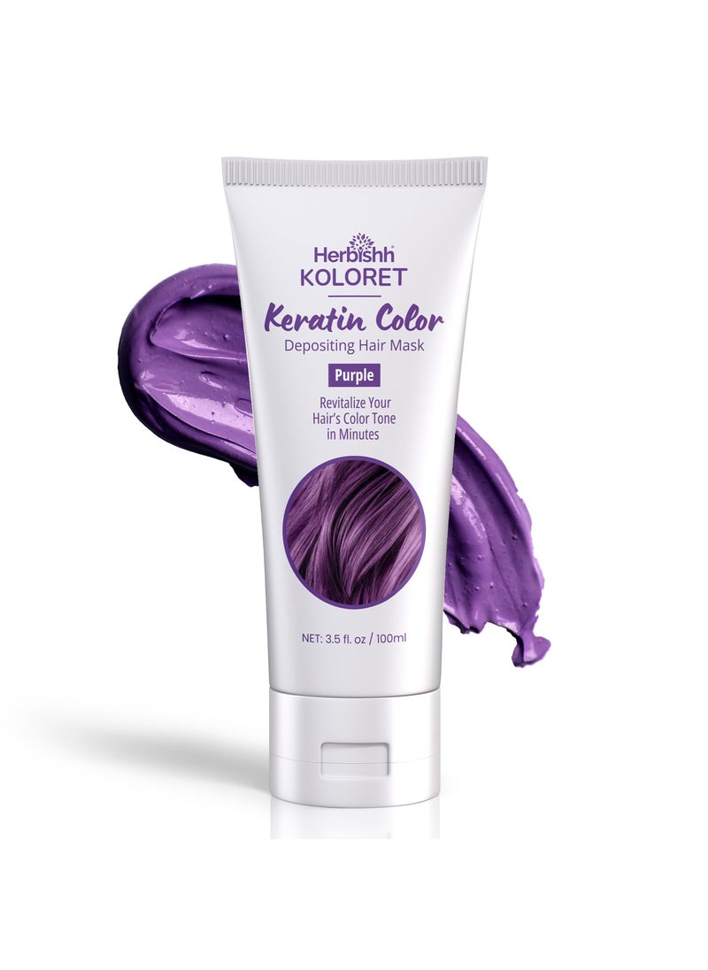 Herbishh Koloret Keratin Color Depositing Hair Mask – 2-in-1 Deep Conditioner for Vibrant Refreshed Hair, Ideal for Dry Damaged Hair, Salon-Worthy Shine at Home, All Hair Types, Purple, 3.5 fl. Oz