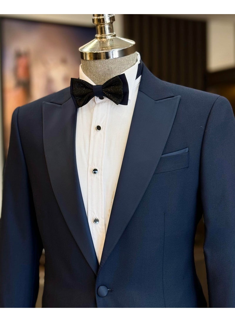 Tailor Adem Altun Italian Cut Slim Fit Pointed Collar Jacket Trousers Groom Suit Set Navy Blue T11837