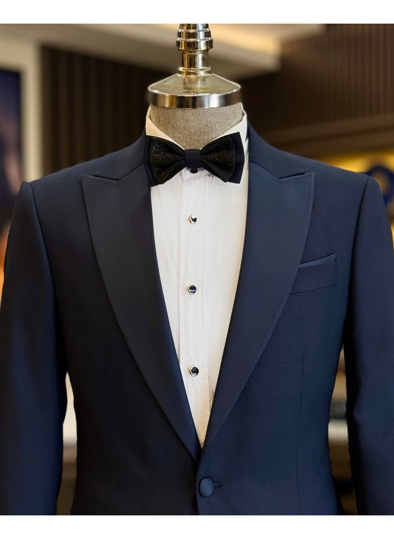 Tailor Adem Altun Italian Cut Slim Fit Pointed Collar Jacket Trousers Groom Suit Set Navy Blue T11837