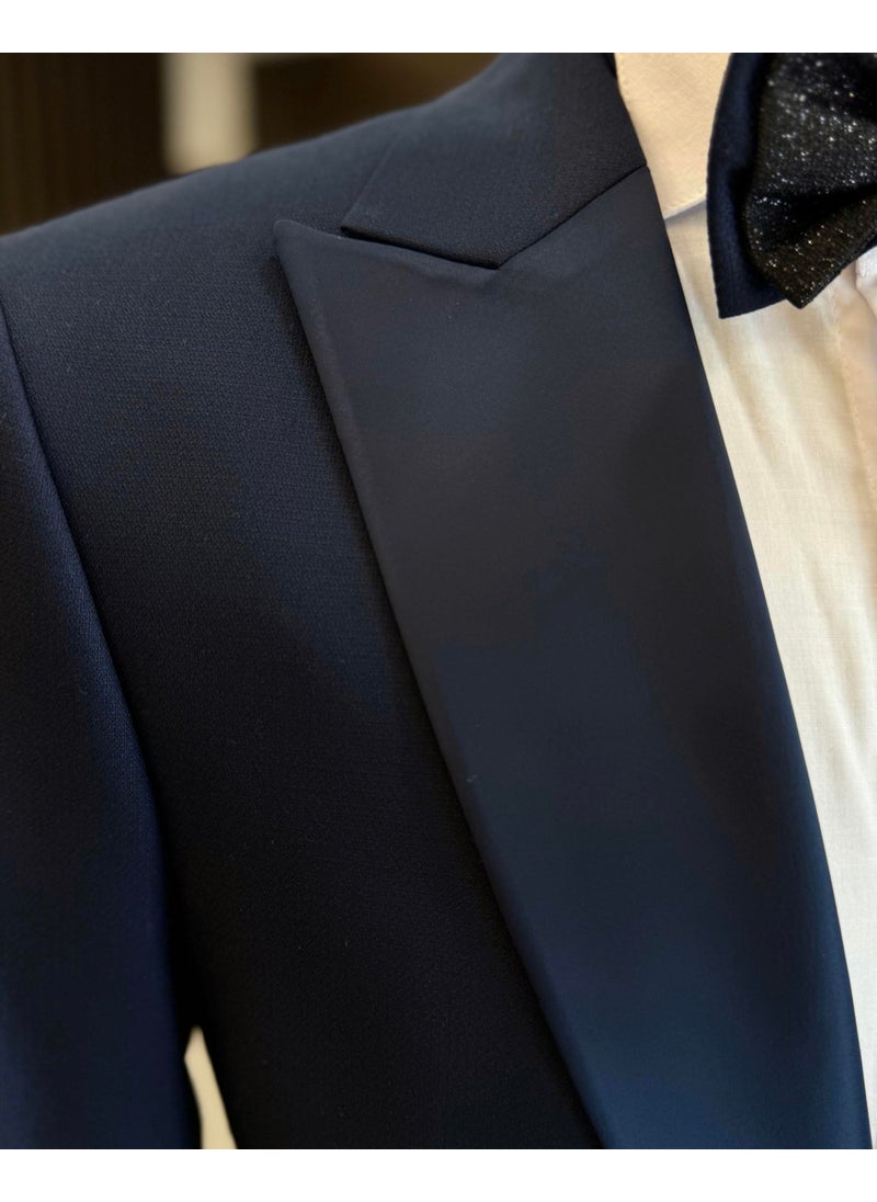 Tailor Adem Altun Italian Cut Slim Fit Pointed Collar Jacket Trousers Groom Suit Set Navy Blue T11837