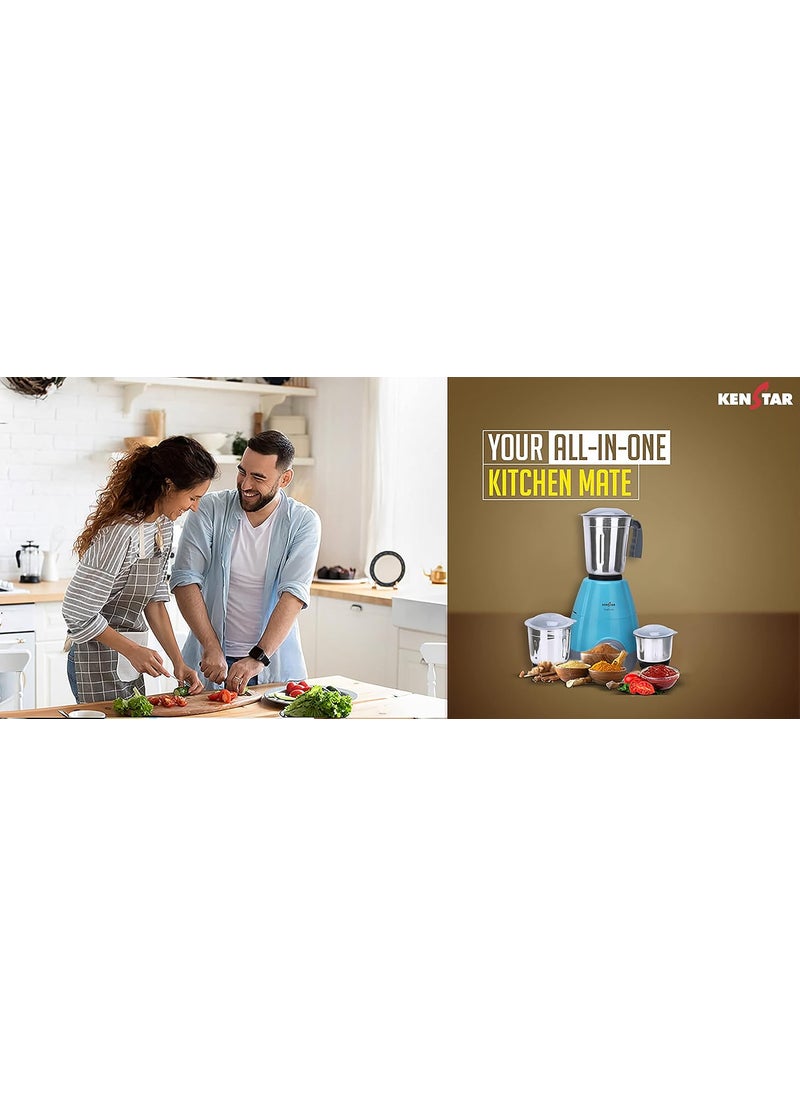 KENSTAR ROBUSTO 500 Watt | 3 Stainless Steel Mutlitfunctional Jar | Mixer Grinder_Blue & Grey