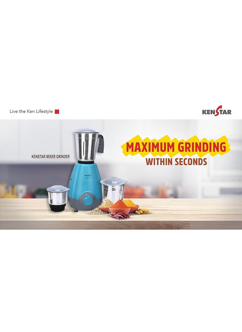 KENSTAR ROBUSTO 500 Watt | 3 Stainless Steel Mutlitfunctional Jar | Mixer Grinder_Blue & Grey