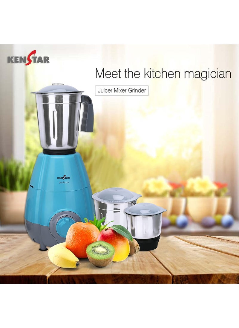 KENSTAR ROBUSTO 500 Watt | 3 Stainless Steel Mutlitfunctional Jar | Mixer Grinder_Blue & Grey