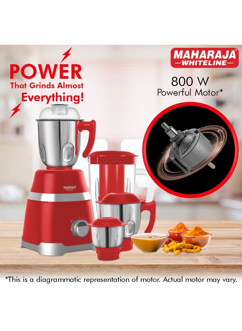 Maharaja Whiteline Ultramax Elite Mixer Grinder with 4 Jars, Long Lasting Performance with 800 Watt Motor | Vacuum Feet | Overload Heat Protector | 5 Year Motor Warranty (Red) Plastic