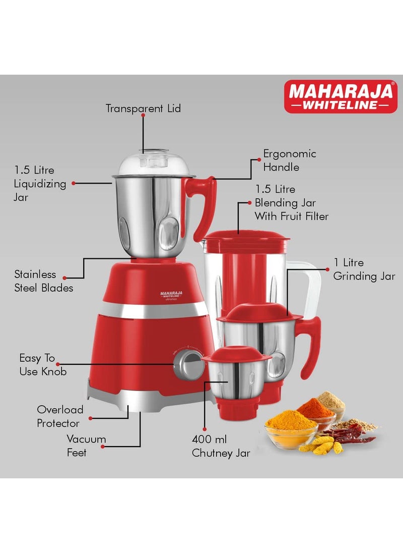 Maharaja Whiteline Ultramax Elite Mixer Grinder with 4 Jars, Long Lasting Performance with 800 Watt Motor | Vacuum Feet | Overload Heat Protector | 5 Year Motor Warranty (Red) Plastic