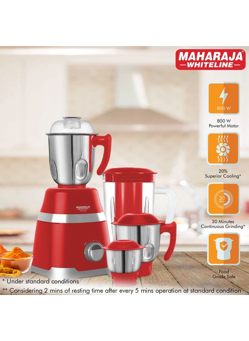 Maharaja Whiteline Ultramax Elite Mixer Grinder with 4 Jars, Long Lasting Performance with 800 Watt Motor | Vacuum Feet | Overload Heat Protector | 5 Year Motor Warranty (Red) Plastic