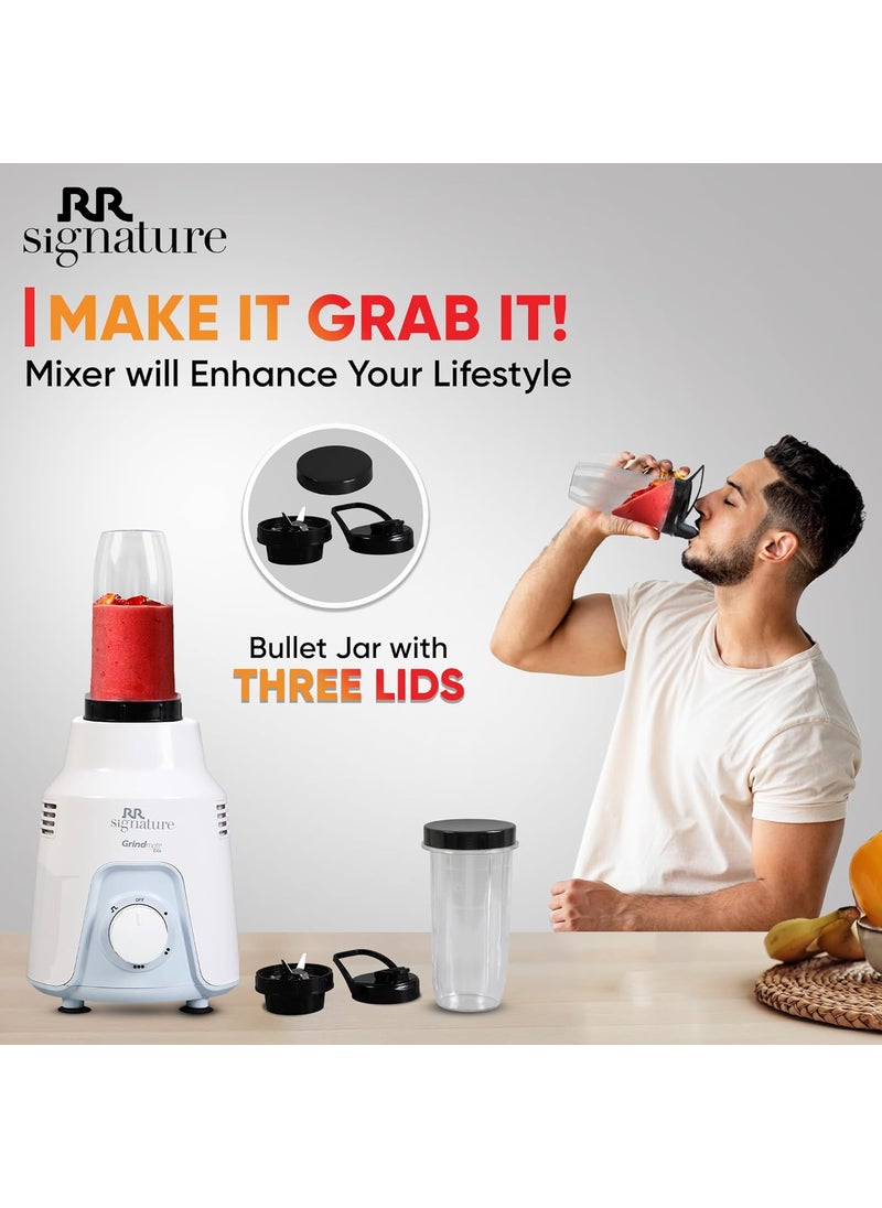 RR Signature Grindmate DLX+ 500-Watt Mixer Grinder| Mixie For All Kitchen Needs With 4 Jars (3 SS Jars For Chutney,Dry Or Wet Grinding,1 Smoothie Jar) White| 2 Yr Warranty on Product & 5 Yr on Motor