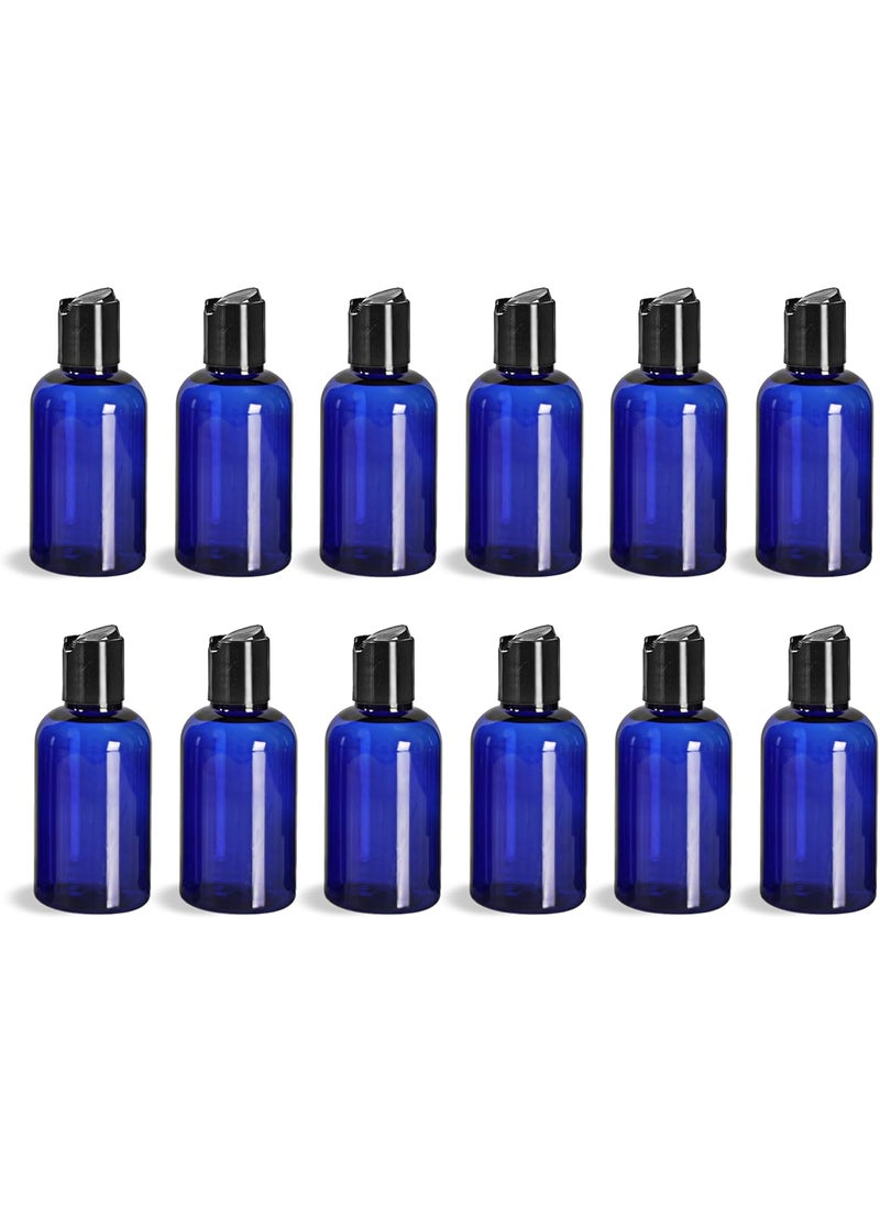 ljdeals 2 oz Cobalt Blue PET Plastic Refillable Bottles with Black Disc Top Caps, Pack of 12, BPA Free, TSA Approved, Made in USA