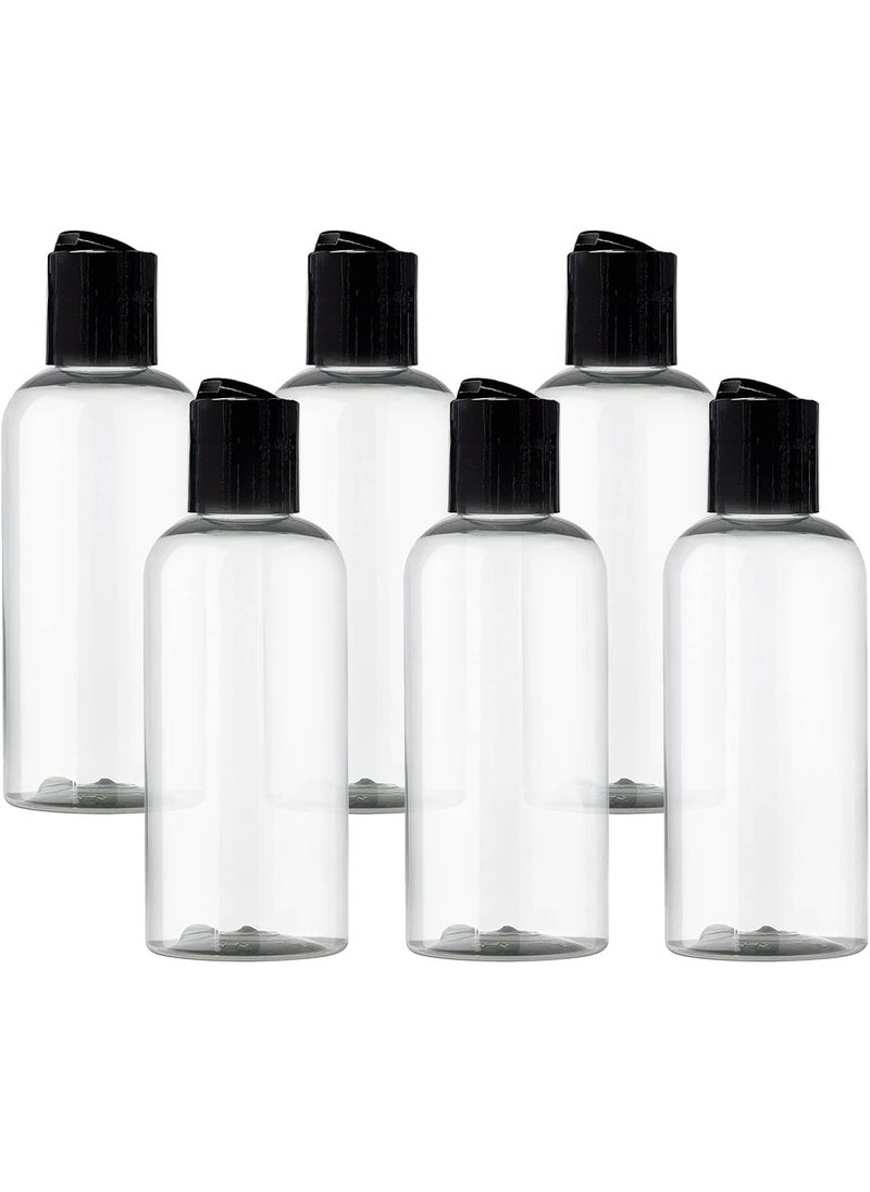 ljdeals 4 oz Clear Plastic Empty Bottles with Black Disc Top Caps, Refillable Cosmetic Containers for Shampoo, Lotions, Cream and more Pack of 6, BPA Free, Made in USA