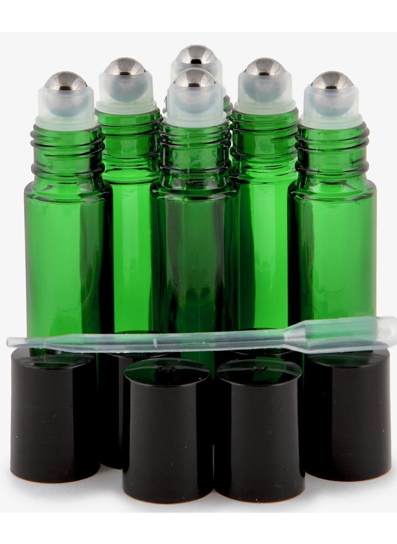Vivaplex, 6, Green, 10 ml Glass Roll-on Bottles with Stainless Steel Roller Balls - .5 ml Dropper included