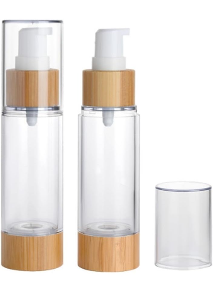 2 Pcs 50ml 1.7oz Clear Airless Pump Bottle Cosmetic Cream Pump Bottle Travel Size Pump Bottle Lotion Dispenser Refillable Toiletries Bottle Liquid Vacuum Container with Unique Bamboo Decoration