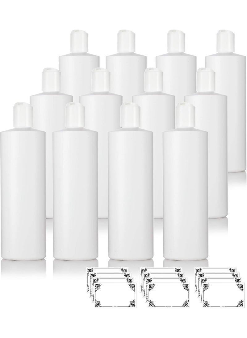 JUVITUS 16 oz White Plastic Squeeze Bottles with White Disc Caps (12 Pack)