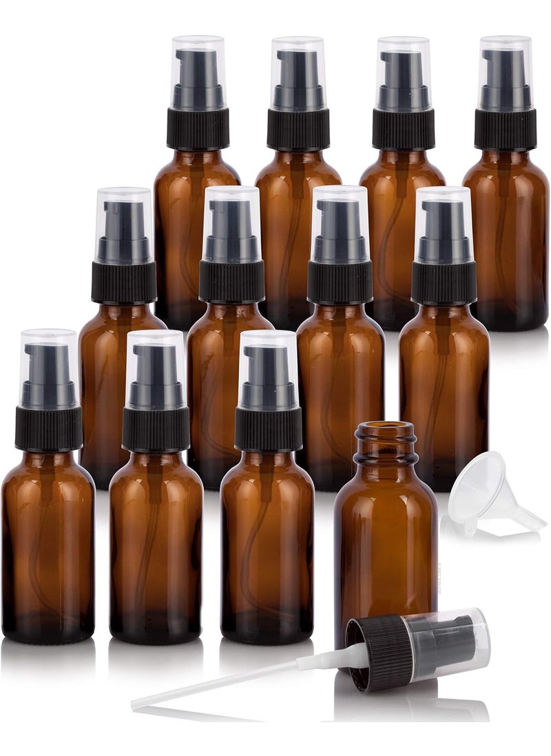 JUVITUS 1 oz / 30 ml Amber Glass Boston Round Bottle with Black Treatment Pump (12 pack) + Funnel Refillable Empty Storage Containers