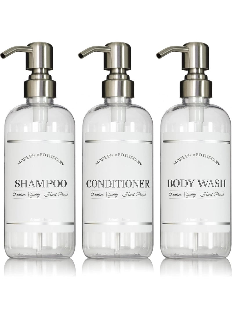 Clear Refillable Shampoo and Conditioner Bottles - Body Wash, Shampoo and Conditioner Dispenser - PET Plastic Shampoo Bottles Refillable with Pump - Waterproof Labels - 16 oz, 3 Pack (Stainless Steel)