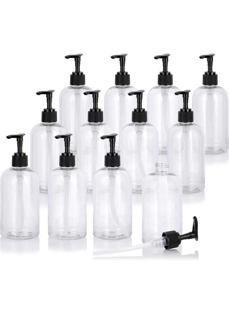 JUVITUS 12 oz Clear Plastic PET Squat Boston Round Bottle (BPA Free) with Black Lotion Pump (12 pack)