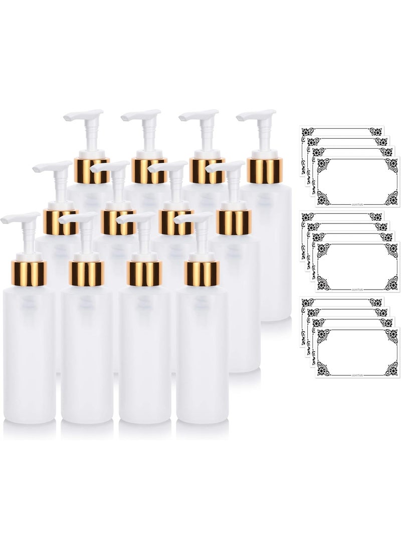 Clear Natural Large Refillable Plastic Squeeze Bottle with Gold Lotion Pump Dispenser 4 oz / 120 ml - (12 Pack) + Labels