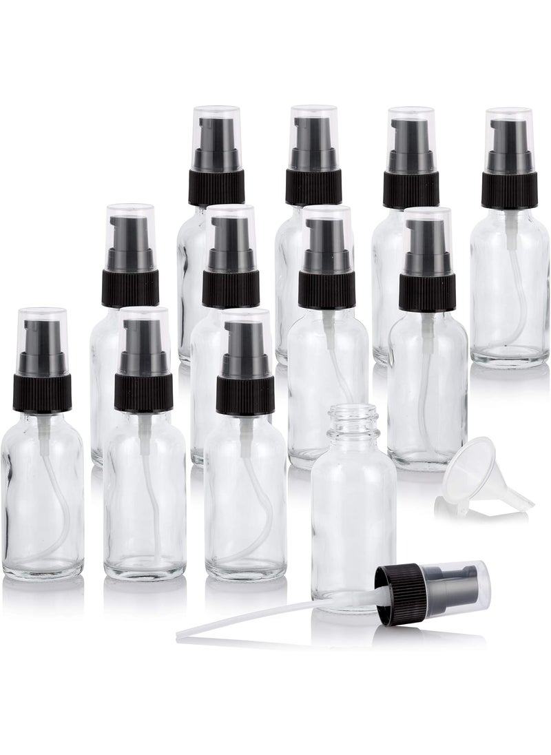 JUVITUS 1 oz / 30 ml Clear Glass Boston Round Bottle with Black Treatment Pump + Funnel (12 Pack)