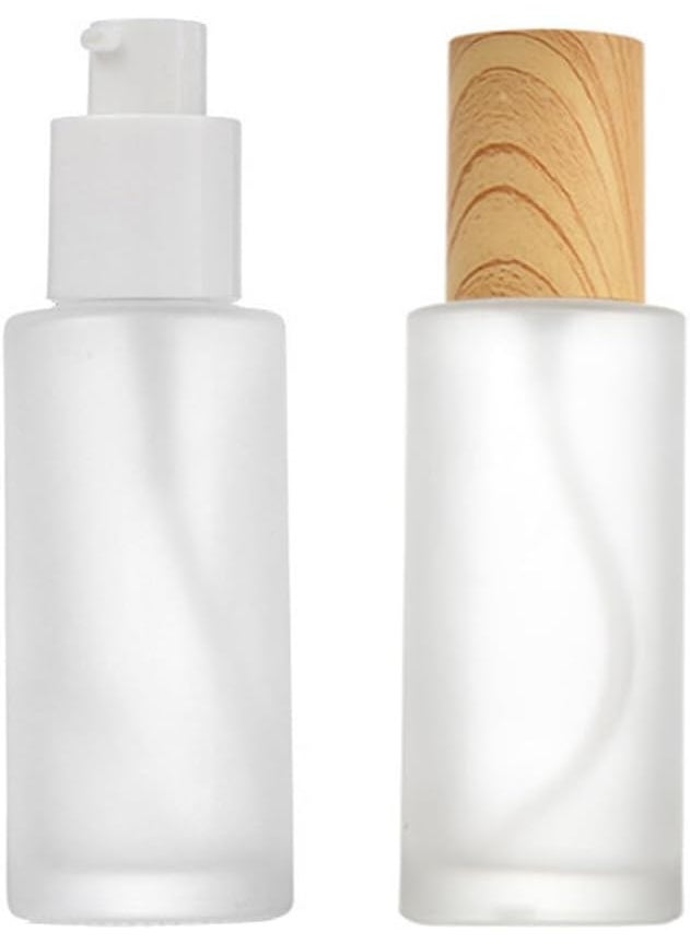 3Pcs 50ml 1.6oz Matte Glass Travel Pump Bottles for Toiletries Travel Container Lotion Dispenser Bottle Soap Dispenser Jar with Wood Grain Lid for Cream Toner Essential Oils(Translucent)