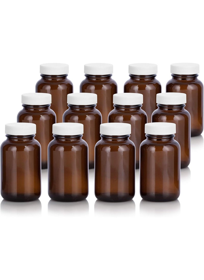 JUVITUS Amber 4 oz Glass Packer Bottle with White Lid (12 pack)