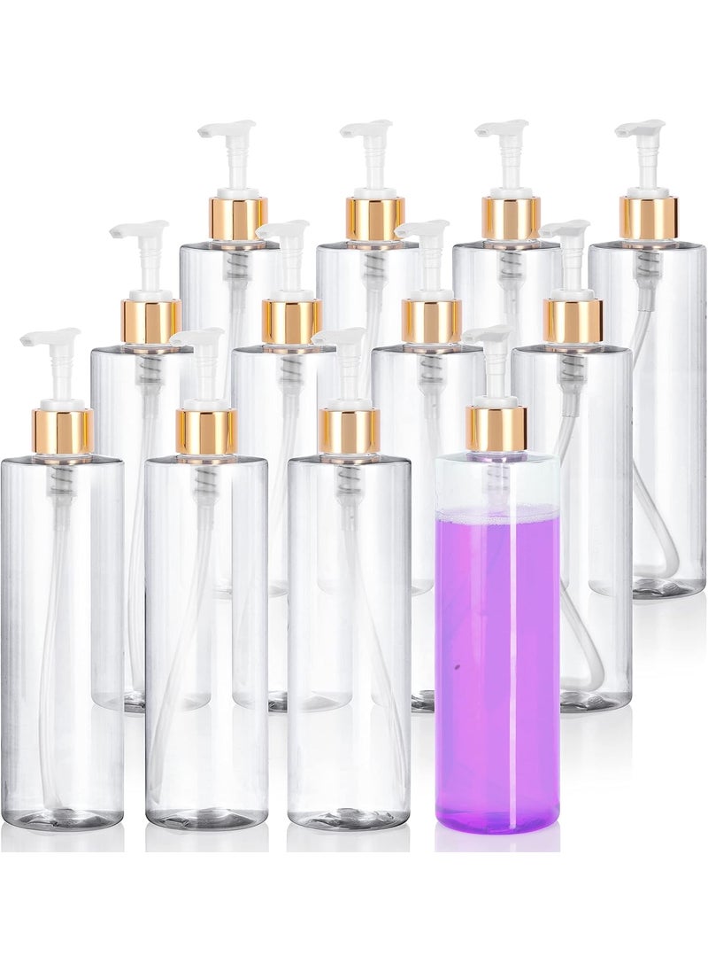 JUVITUS Clear 12 oz Professional Cylinder PET Plastic Bottles (BPA Free) (12 Pack, Gold Lotion Pump)