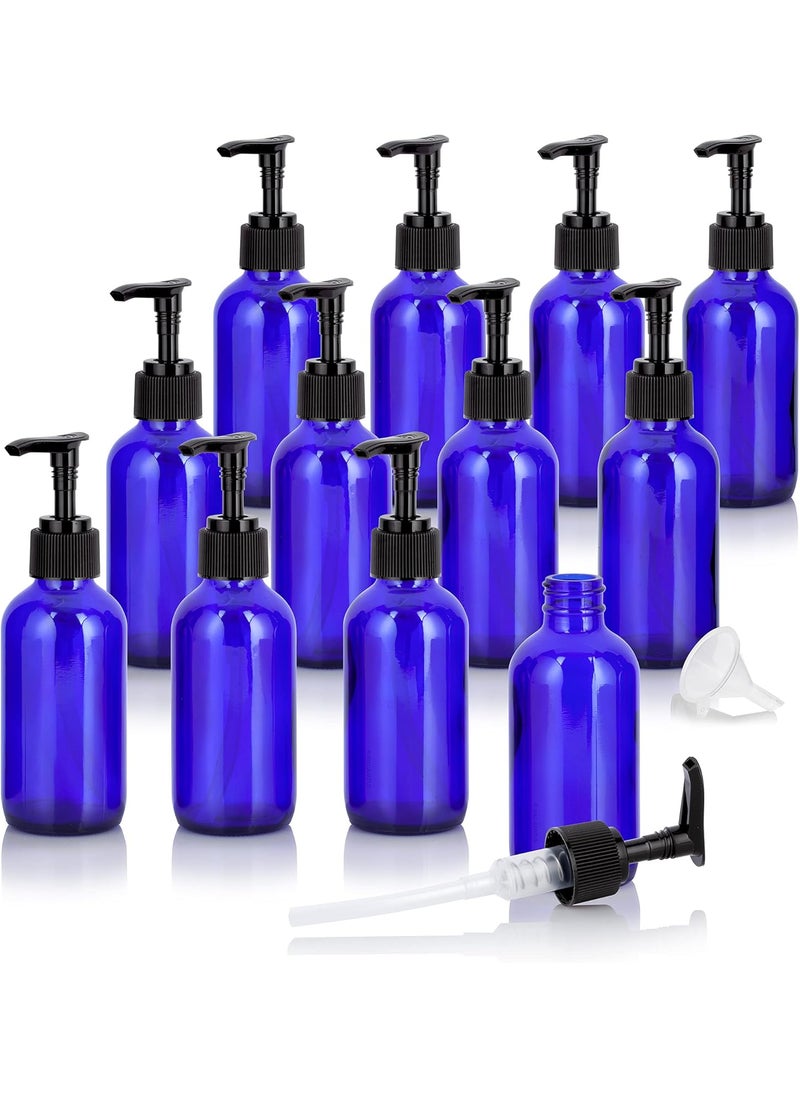 4 oz Cobalt Blue Glass Boston Round Bottle with Black Lotion Pump (12 Pack) + Funnel