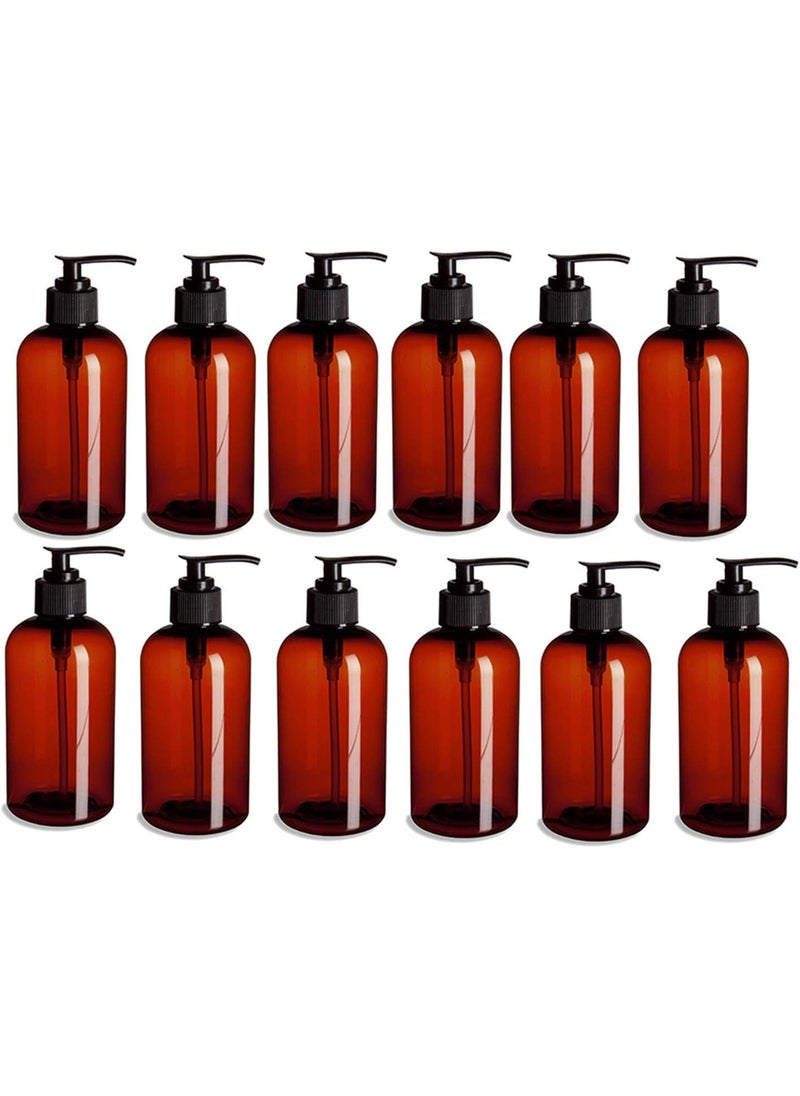 Natural Farms Empty Shampoo Bottles- 8 oz - 12 Pack Pump Dispenser for Soap Cream Lotion Gel- Amber Empty PET Boston Round Plastic Bottle with Black Pump
