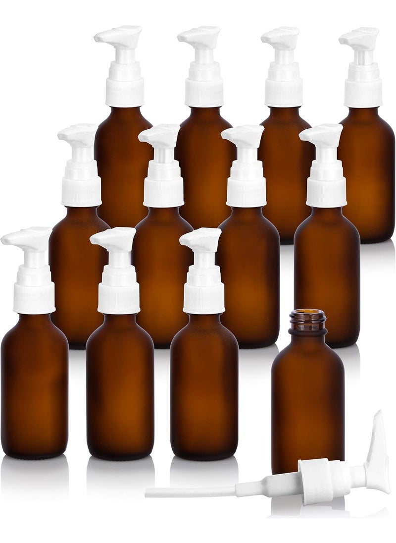 JUVITUS 2 oz / 60 ml Frosted Amber Glass Refillable Dispenser Empty Boston Round Bottle with White Lotion Pump (12 Pack)