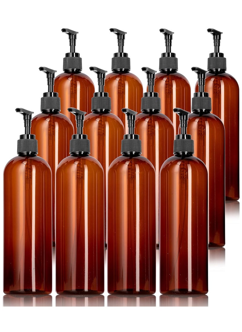 JUVITUS 16 oz / 500 ml Amber Slim PET Plastic Bottles (BPA Free) with Black Lotion (Lock Down) Pump (12 Pack) I Refillable Empty Storage Containers