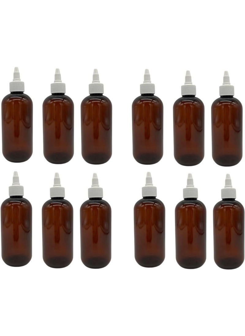 Natural Farms 8 oz Amber Boston Plastic Bottles -12 Pack Empty Bottle Refillable - BPA Free - Essential Oils - Aromatherapy | White Twist Top Caps - Made in the USA