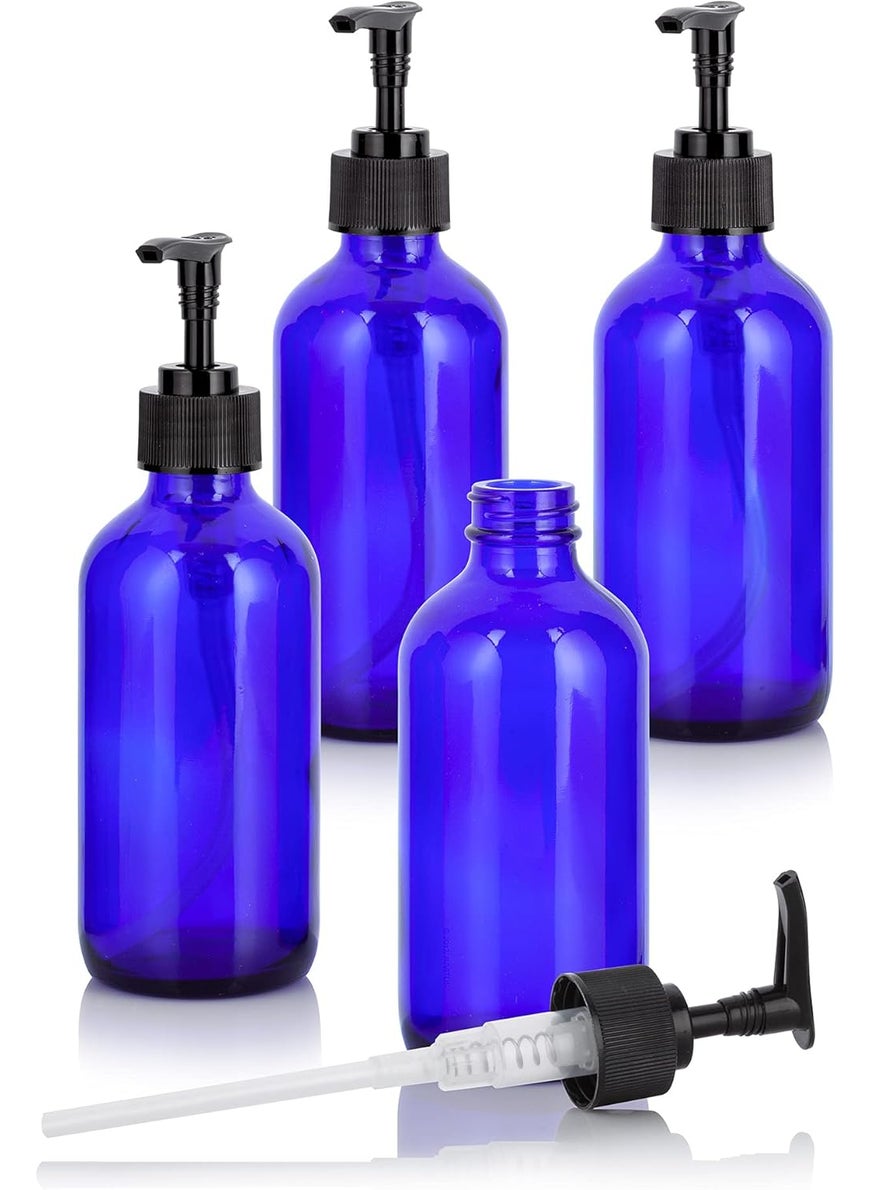 JUVITUS 8 oz Cobalt Blue Boston Round Glass Bottles with Black Lotion Pump (4 pack) + Travel Foamer Bottle