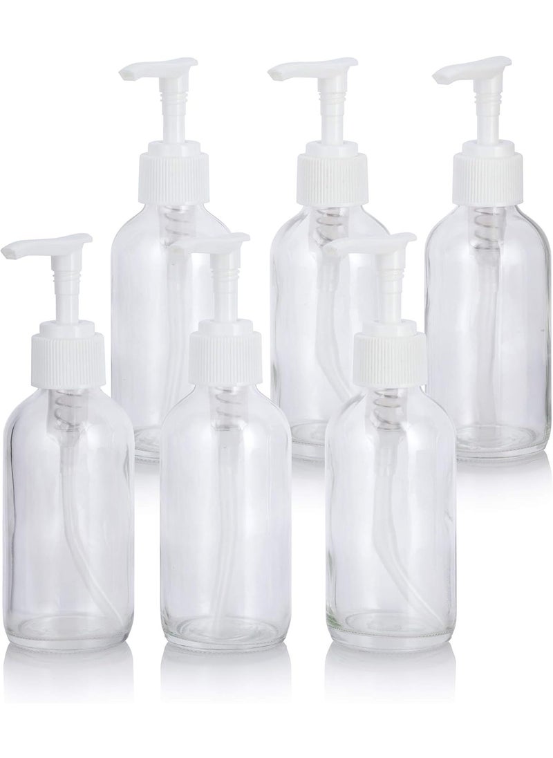 4 oz / 120 ml Clear Glass Boston Round Bottle with White Lotion Pump (6 Pack) BPA Free Refillable Empty Storage Containers