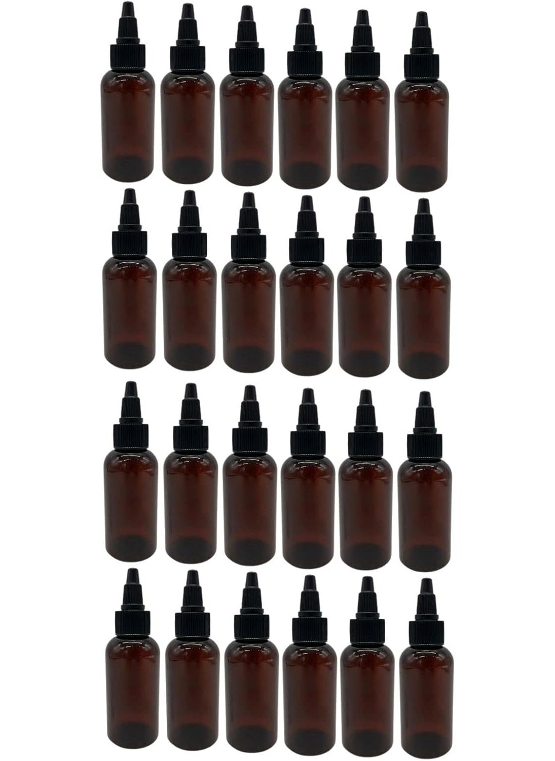 Natural Farms 2 oz Plastic Amber Boston BPA FREE - Boston Bottles - 24 Pack Empty Refillable Containers - Essential Oils - Hair - Black Twist Open/Close Cap - Made in the USA